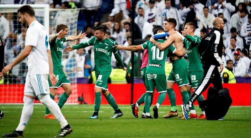 Leganes' players celebrate the qualification after the King's Cup quarter-final second leg match between Real Madrid and Leganes.